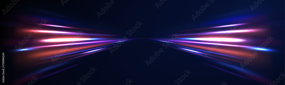 Vector illustration of high speed light effect on blue background. Abstract white and blue wave light effect. Flash luminosity line. Technology futuristic dynamic motion.	