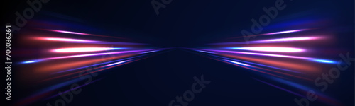 Vector illustration of high speed light effect on blue background. Abstract white and blue wave light effect. Flash luminosity line. Technology futuristic dynamic motion. 