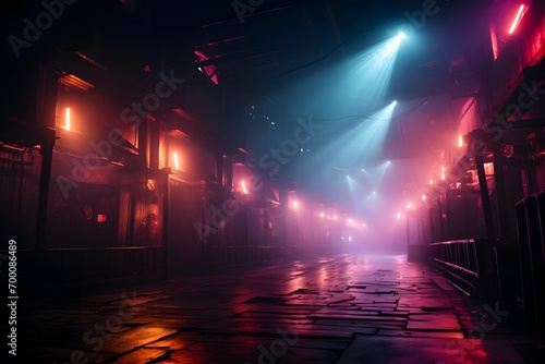 Futuristic dark corridor with neon lights. 3d render illustration © Iman