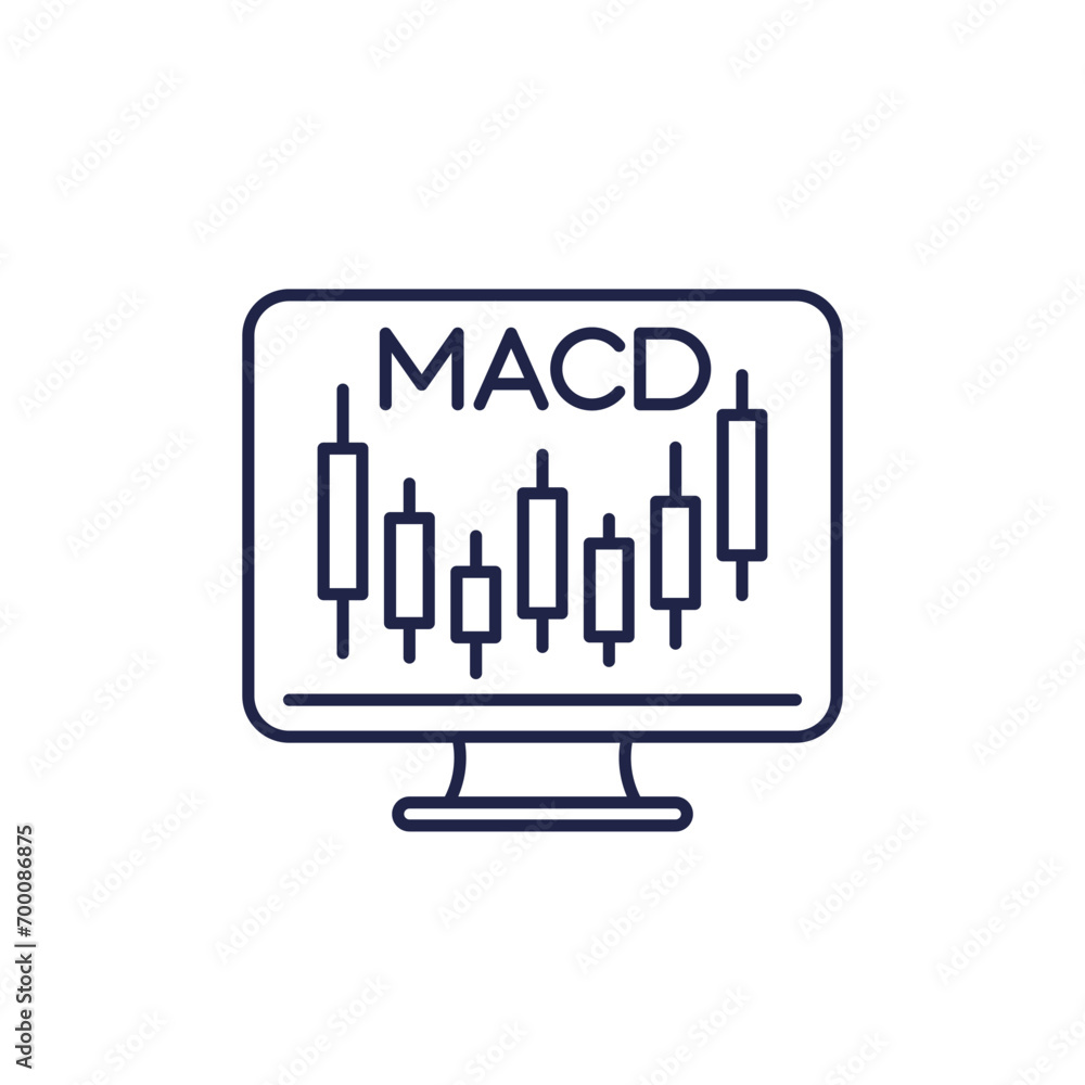 MACD indicator line icon with candlestick chart, finance and trading MACD indicator line icon with candlestick chart, finance and trading