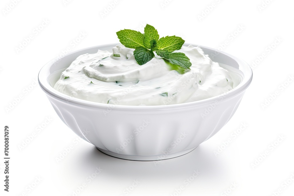 Isolated bowl of tzatziki sauce with sour cream or Greek yogurt on white background Isolated bowl of tzatziki sauce with sour cream or Greek yogurt on white background