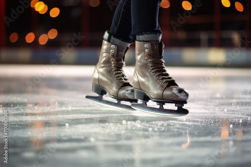 Ice skater breaking on ice rink in close up