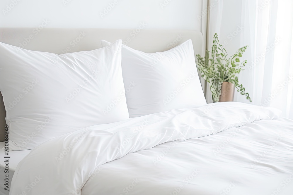 Isolated white bed with bedding and pillows in a bedroom