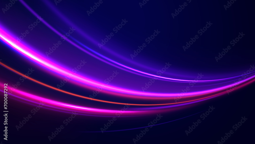 Abstract neon background with shining wires. Motion design. Magic empty space. Panoramic high speed technology concept, light abstract background.	 - obrazy, fototapety, plakaty 