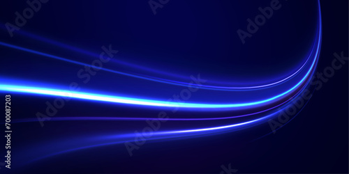 Illustration of light ray, stripe line with blue light, speed motion background. Radial color spirals. Vector blue glowing lines air flow effect.	