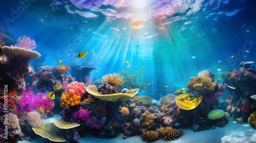 Underwater panoramic view of coral reef with fishes and sunlight © Iman