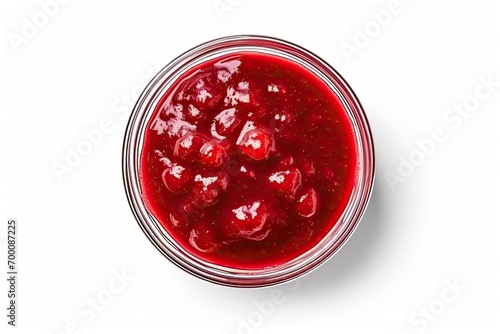 Isolated top view of a small glass bowl with red berry jam on white background also sweet cherry jam