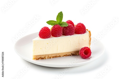Isolated top view of cheesecake with raspberries and mint on white background