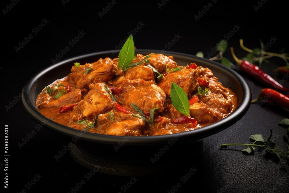 Kerala style chicken curry made with fried coconut served in a black ceramic vessel on a graphite sheet isolated