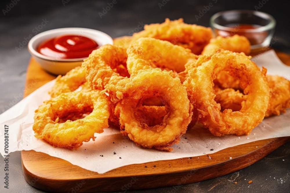 Ketchup on a white cutting board with fried onion rings Ketchup on a white cutting board with fried onion rings