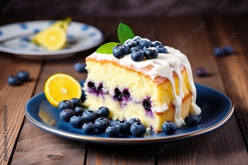 Lemon blueberry cake on wooden table Lemon blueberry cake on wooden table
