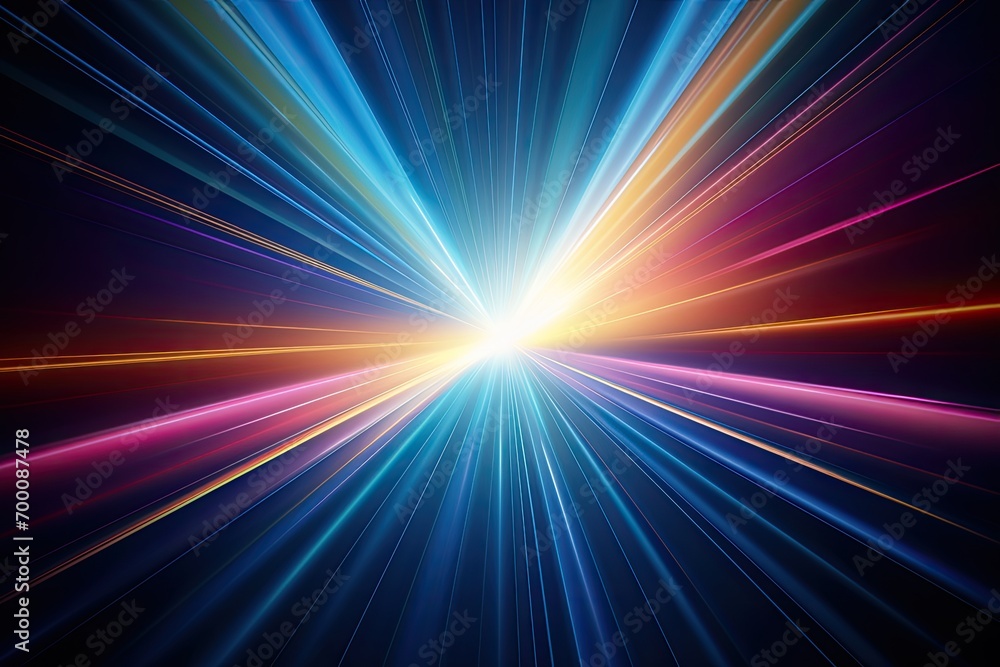 Abstract rainbow lens flare effect on black background, creating a colourful and dynamic sunburst.