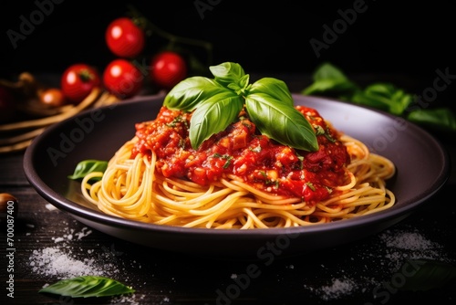 Italian spaghetti pasta with tomato sauce Parmesan cheese basil on plate copy space
