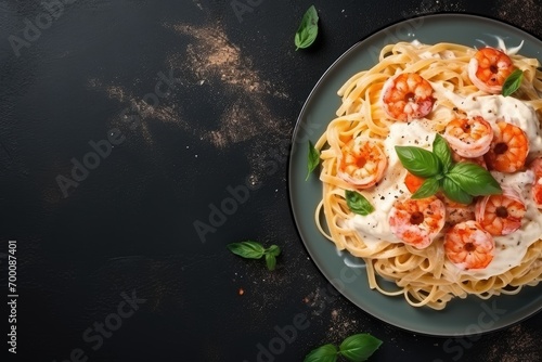 Italian shrimp fettuccine pasta with Alfredo sauce overhead view space for copying