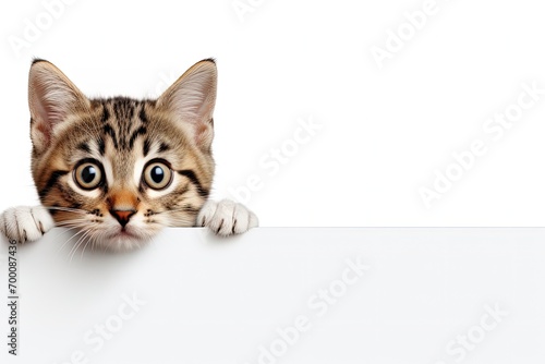Kitten peeking with paws up behind a white sign Curious pet cat on white background with a placard template Long banner with space for text
