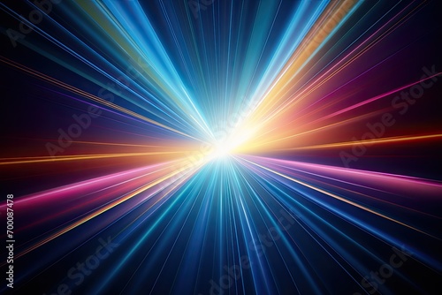 Abstract rainbow lens flare effect on black background, creating a colourful and dynamic sunburst.