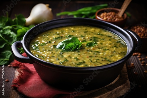 Tonally toned lentil spinach soup on dark wood, with focus. photo