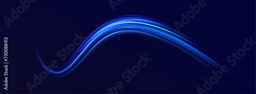 Blue speed ​​wave illustration with shine line background. Light everyday glowing effect. Light trail wave, fire path trace line, car lights, optic fiber and incandescence curve twirl.  photo