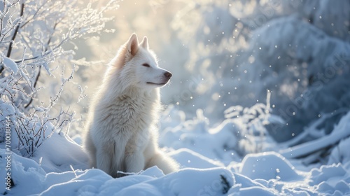 Majestic white wolf in an arctic winter setting, beautifully captured through wildlife photography.
 photo