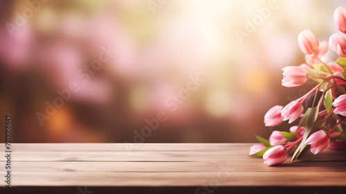 Mothers Day still life on wooden table with colorful flowers on background of nature