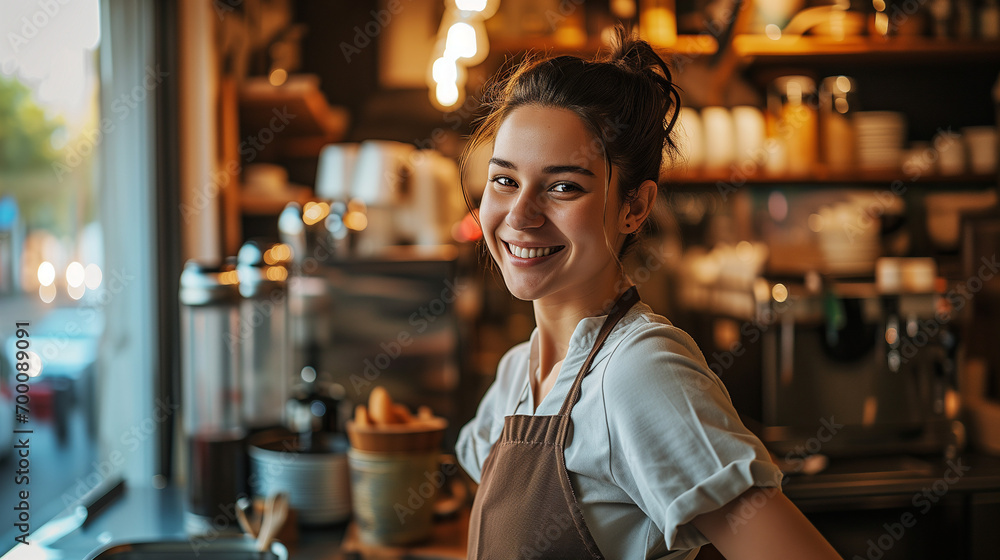 Young woman working in small coffee shop