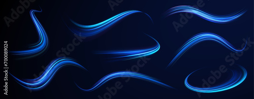 Blue speed ​​wave illustration with shine line background. Light everyday glowing effect. Light trail wave, fire path trace line, car lights, optic fiber and incandescence curve twirl. 