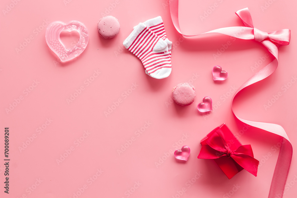 Gender party - boy or girl - baby accessories toys ribbon, top view Gender party - boy or girl - baby accessories toys ribbon, top view