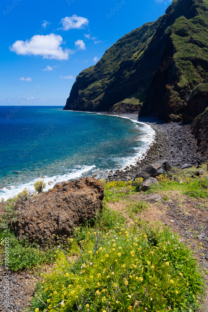Beautiful beach in Achadas da Cruz, a small village only reachable by a cable car from top of the mountain on the island Madeira, Portugal. 