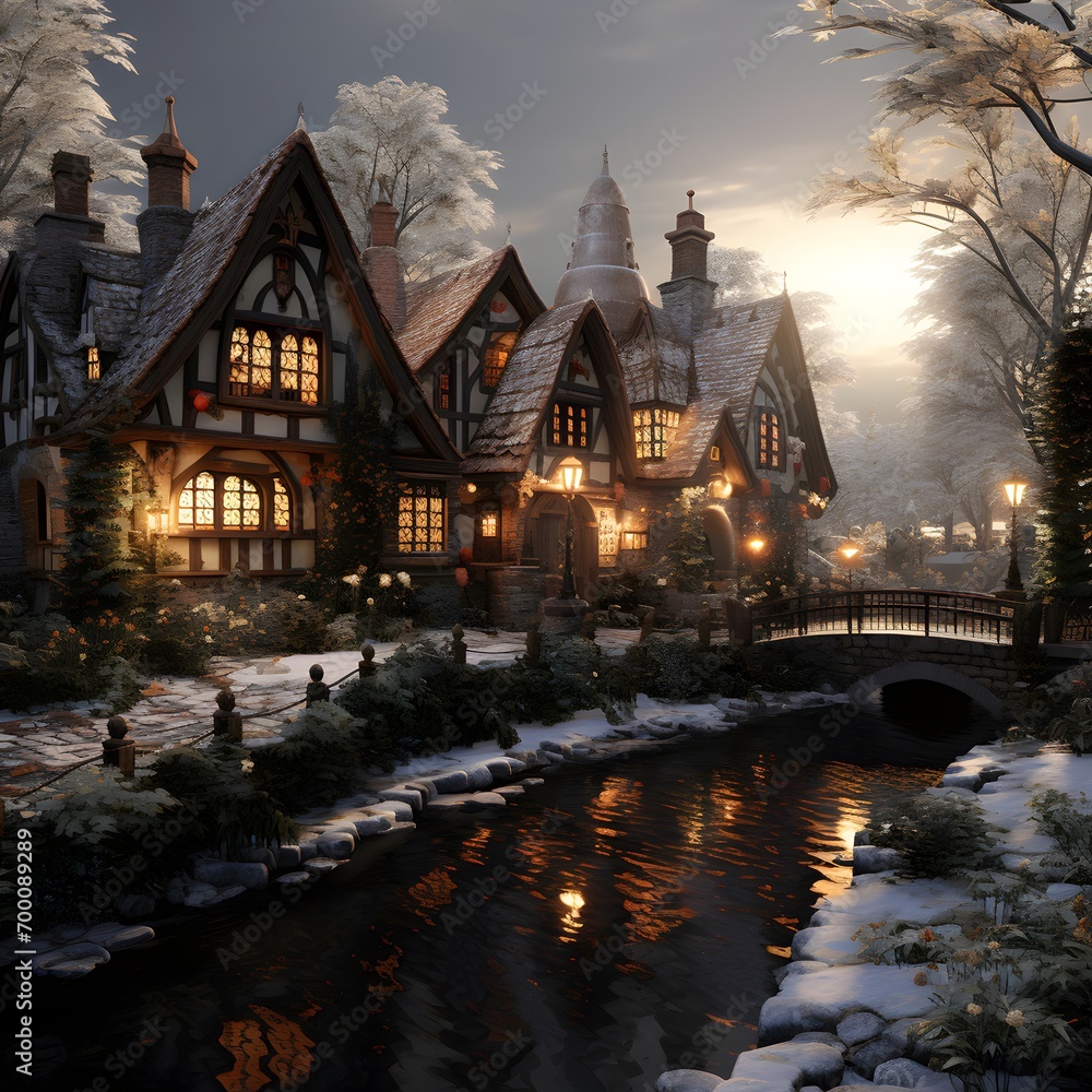 Winter in the town. A small river flows through the houses.