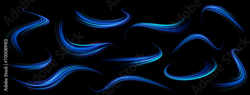 Blue stripes in the form of drill, turns and swirl. Undulate wave swirl swoosh, dynamic twisted lines. Transparent blue sparkling light line element.	