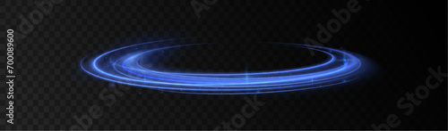 Elegant bright neon linear wave. Abstract light lines of movement and speed with blue color and sparkles. Vector background. Neon glowing curves strewn with sparks in a dark space.	