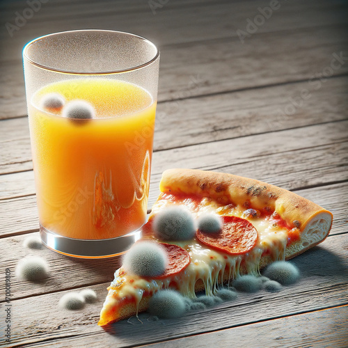 Pizza and orange juice are moldy on an old wooden plank, AI Generative