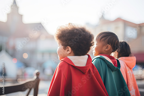 Fun-filled portrait of diverse preschool friends in superhero capes, enjoying Christmas time outdoors.