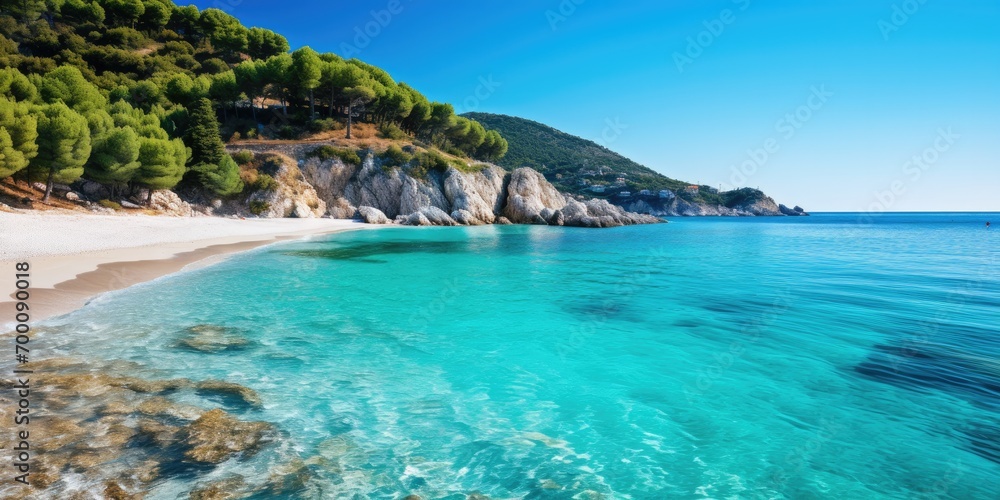 A stunning seascape with transparent turquoise waters, a rocky coast, and a beautiful beach.