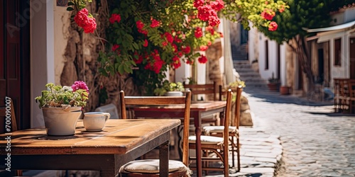 A charming Mediterranean village street with rustic architecture, flower-lined alleys, and inviting cafe terraces.