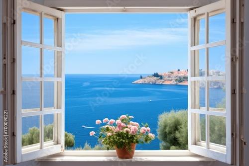 Sea view through open Mediterranean window with shutters.