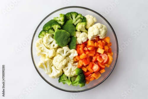 Mixture of steamed vegetables: broccoli, carrots, cauliflower. Suitable for low-calorie diets and dietary restrictions such as FODMAP, dash diet, vegan, and vegetarian. Top view with empty space.