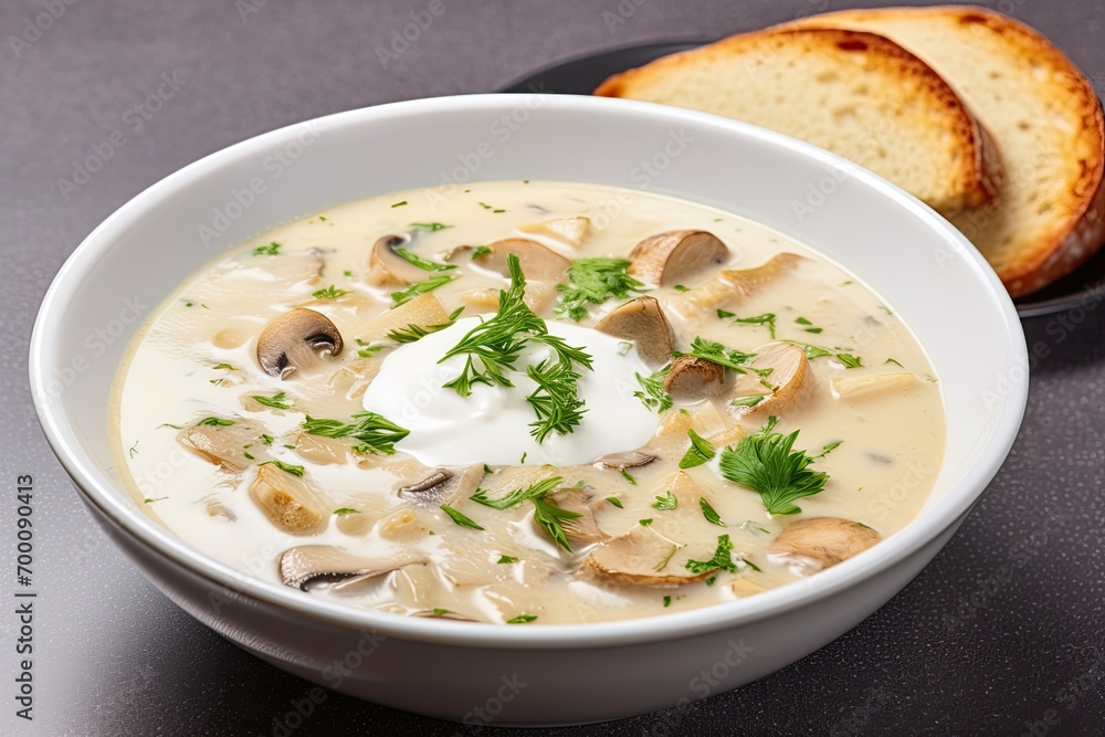 Mushroom soup with potatoes and sour cream served. Mushroom soup with potatoes and sour cream served.
