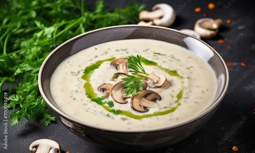 Champignon cream soup served on a light stone table.