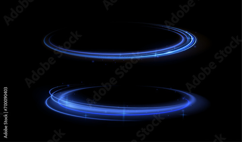 Night road speed illustration. Rounded neon line with light effect. Energy flow tunnel. Blue portal, platform. 