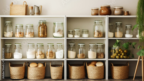 Organization of food storage. Cozy pantry with glass jars and wicker baskets. Light colour palette. Generative AI