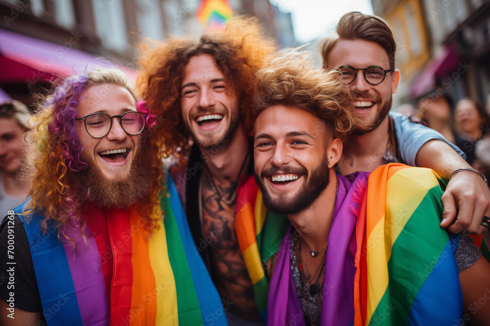 Diverse young friends with rainbow flag celebrating pride festival in city - LGBTQ community concept Diverse young friends with rainbow flag celebrating pride festival in city - LGBTQ community concept