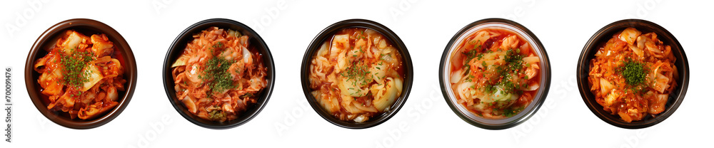 Collection bowl of Korean food, Chinese cabbage kimchi, top view isolated on a transparent background - obrazy, fototapety, plakaty 