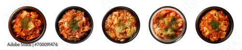 Collection bowl of Korean food, Chinese cabbage kimchi, top view isolated on a transparent background