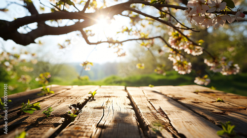 Empty wooden table with blurred spring background