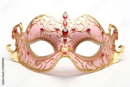 Isolated Venetian carnival mask, pink and golden, on white background.