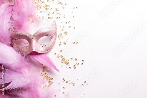 Close-up of white background with pink Venetian carnival mask and confetti, copy space available. photo