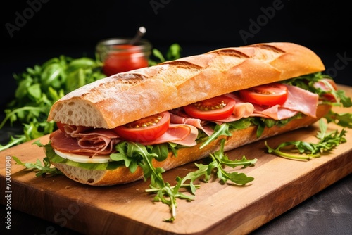 Italian sandwich with arugula, mortadella, and tomatoes on baguette toast.