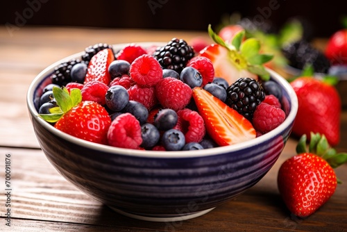 Photo of a bowl of fresh mixed berries for breakfast. Generative AI