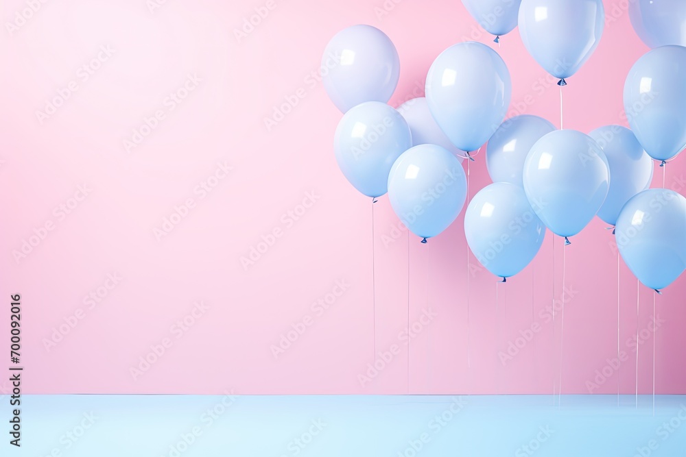 Minimal idea Blue balloons float in a pink pastel studio Minimal idea Blue balloons float in a pink pastel studio